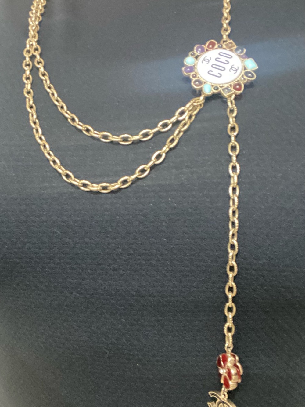 CHANEL Gold-Tone Chain Necklace with Multi-Color Enamel Medallion